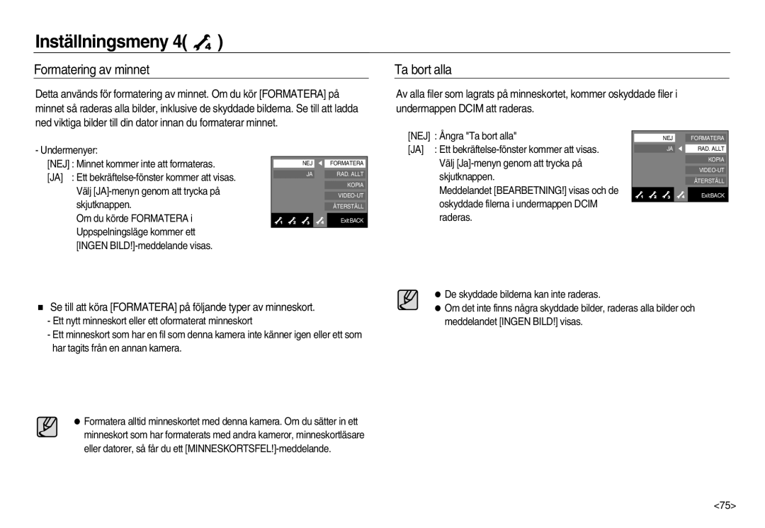 Samsung EC-NV15ZSBA/E2 Formatering av minnet, Ta bort alla, Se till att köra Formatera på följande typer av minneskort 