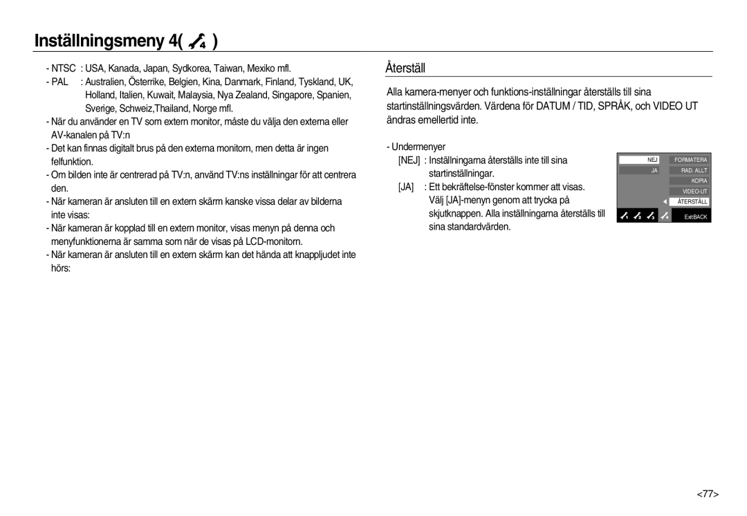 Samsung EC-NV15ZBBA/E2, EC-NV15ZSBA/E2, EC-NV15ZSDA/E3 manual Återställ, Ntsc, Pal 