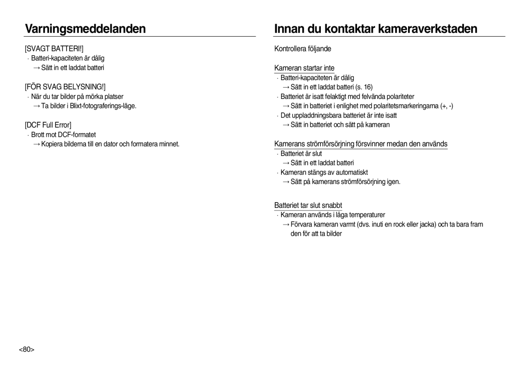 Samsung EC-NV15ZBBA/E2 Innan du kontaktar kameraverkstaden, DCF Full Error, Kontrollera följande Kameran startar inte 