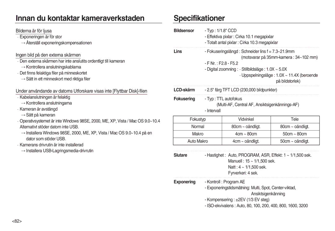 Samsung EC-NV15ZSDA/E3, EC-NV15ZBBA/E2 manual Specifikationer, Bilderna är för ljusa, Ingen bild på den externa skärmen 