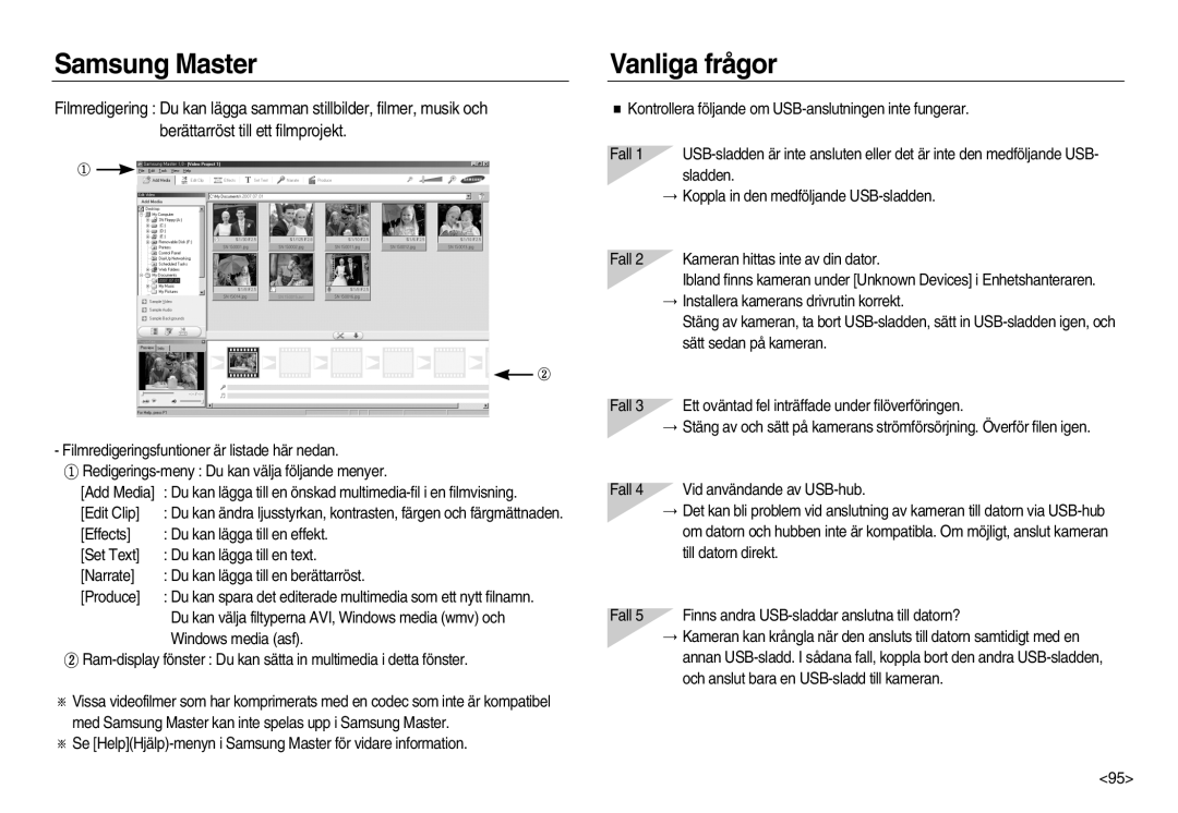 Samsung EC-NV15ZBBA/E2, EC-NV15ZSBA/E2, EC-NV15ZSDA/E3 manual Vanliga frågor, Edit Clip, Windows media asf 