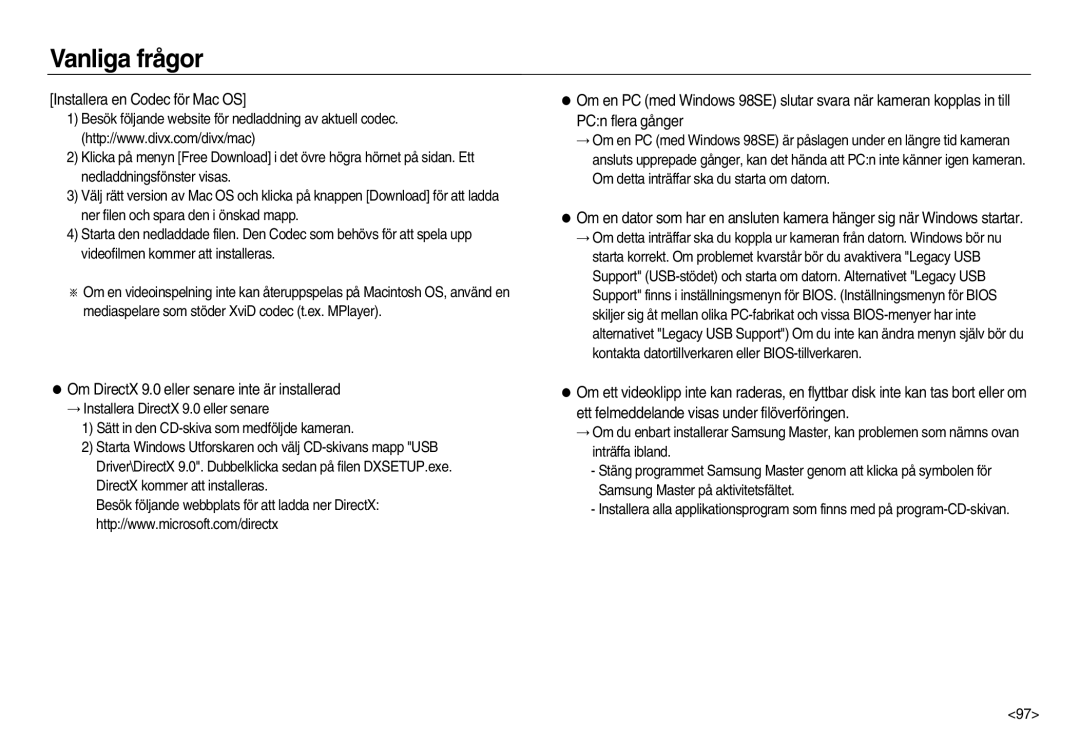 Samsung EC-NV15ZSDA/E3, EC-NV15ZBBA/E2 Installera en Codec för Mac OS, Om DirectX 9.0 eller senare inte är installerad 