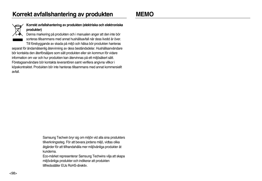 Samsung EC-NV15ZBBA/E2, EC-NV15ZSBA/E2, EC-NV15ZSDA/E3 manual Korrekt avfallshantering av produkten, Memo 