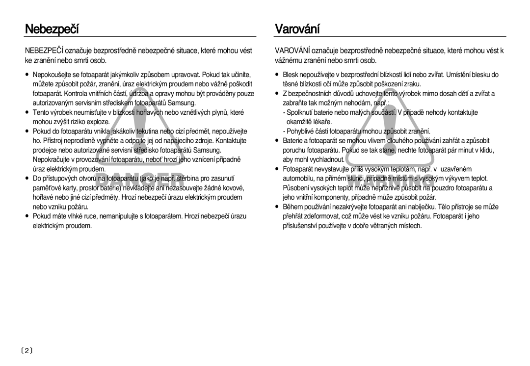 Samsung EC-NV15ZBDA/E3 manual Nebezpeãí, Varování 