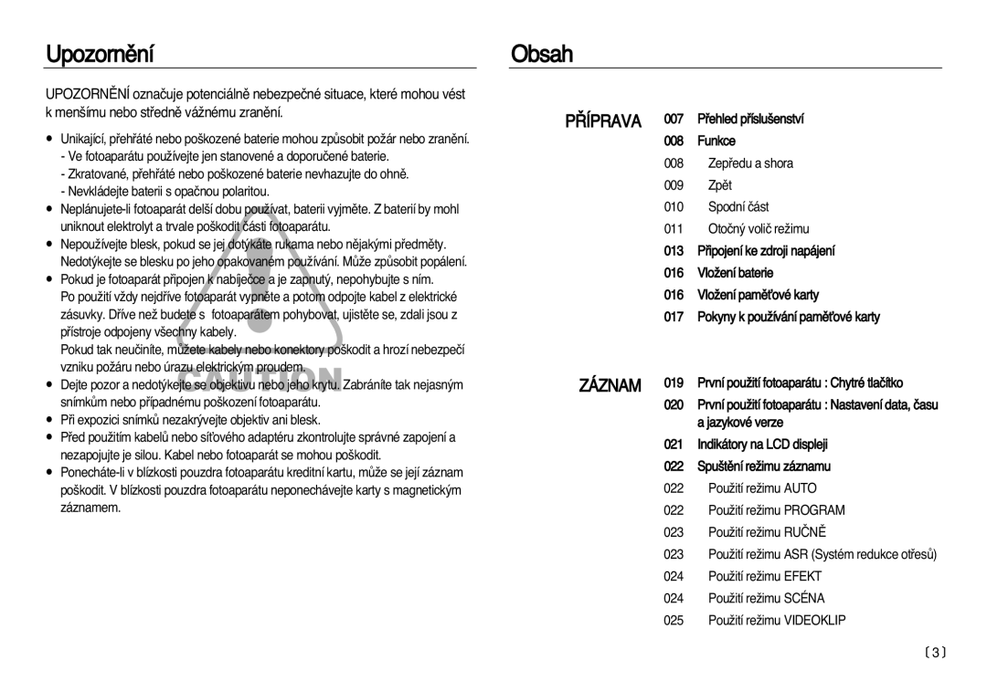 Samsung EC-NV15ZBDA/E3 manual Upozornûní, Obsah 