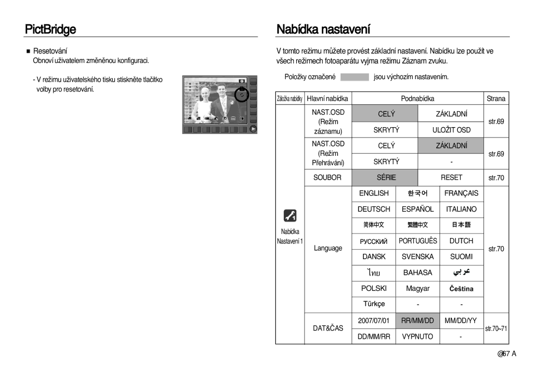 Samsung EC-NV15ZBDA/E3 manual Nabídka nastavení, Resetování, ‰ech reÏimech fotoaparátu vyjma reÏimu Záznam zvuku 