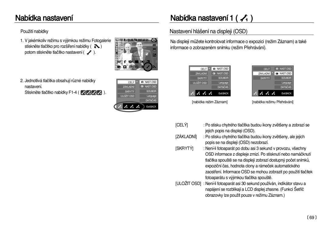 Samsung EC-NV15ZBDA/E3 manual Nastavení hlá‰ení na displeji OSD, PouÏití nabídky 