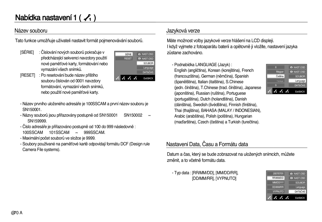 Samsung EC-NV15ZBDA/E3 manual Název souboru, Jazyková verze, Nastavení Data, âasu a Formátu data 