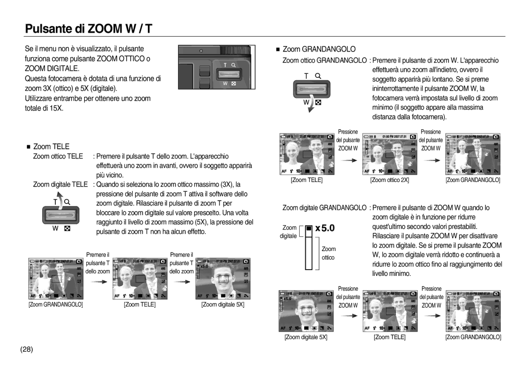 Samsung EC-NV15ZBBA/IT, EC-NV15ZSBA/E1, EC-NV15ZBBA/E1, EC-NV15ZSDA/E3 manual Pulsante di Zoom W / T, Zoom Grandangolo 