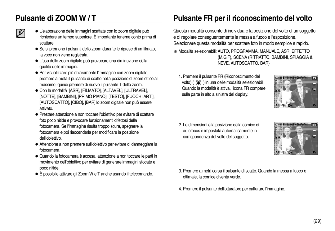 Samsung EC-NV15ZSBA/E1, EC-NV15ZBBA/E1, EC-NV15ZSDA/E3 Pulsante FR per il riconoscimento del volto, Neve, Autoscatto, Bar 