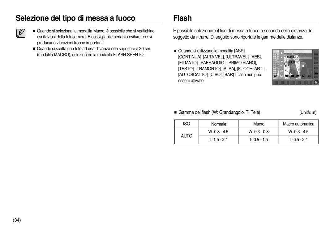 Samsung EC-NV15ZSBA/E1, EC-NV15ZBBA/E1, EC-NV15ZSDA/E3, EC-NV15ZSBA/IT manual Flash, Gamma del flash W Grandangolo, T Tele 