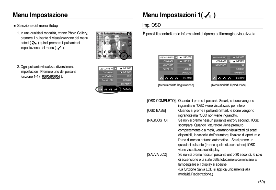 Samsung EC-NV15ZSBA/E1, EC-NV15ZBBA/E1 manual Menu Impostazione Menu Impostazioni, Imp. OSD, Selezione del menu Setup 