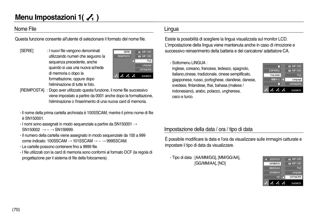 Samsung EC-NV15ZBBA/E1, EC-NV15ZSBA/E1, EC-NV15ZSDA/E3 manual Nome File, Lingua, Impostazione della data / ora / tipo di data 