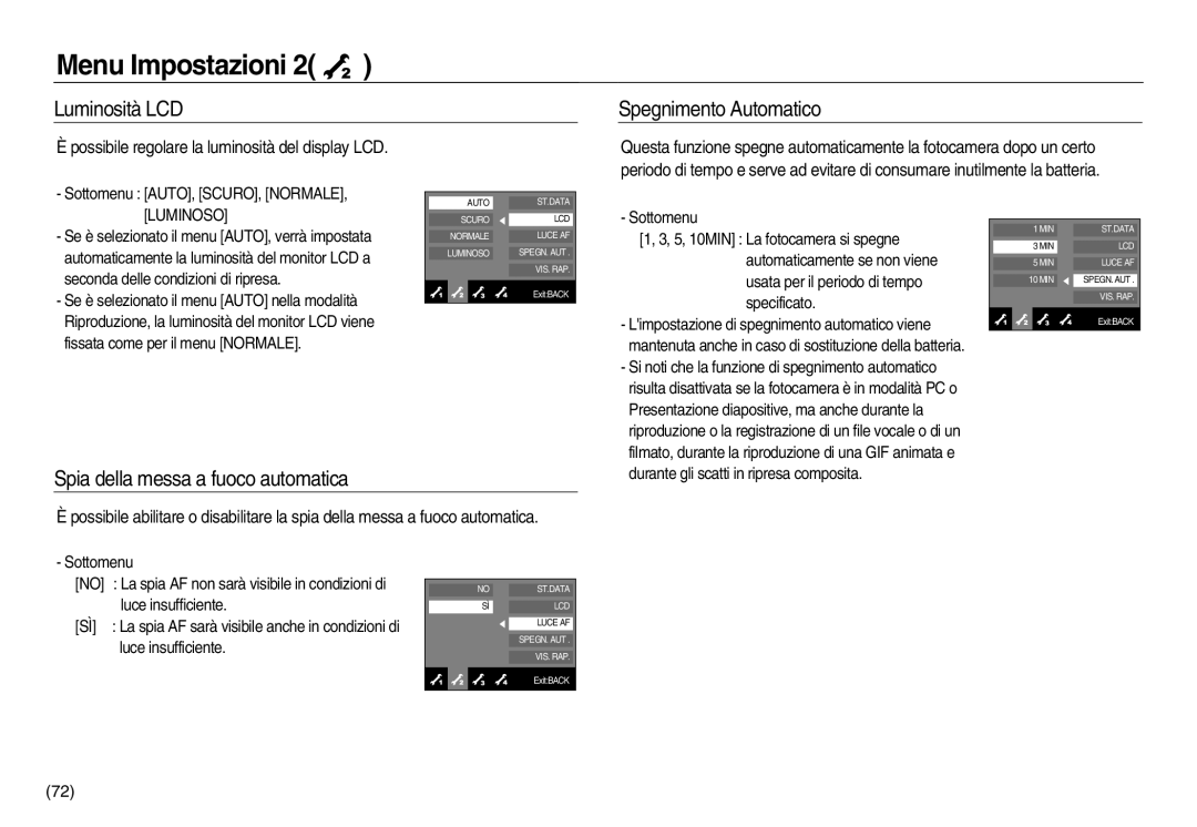 Samsung EC-NV15ZSBA/IT, EC-NV15ZSBA/E1 manual Luminosità LCD Spegnimento Automatico, Spia della messa a fuoco automatica 