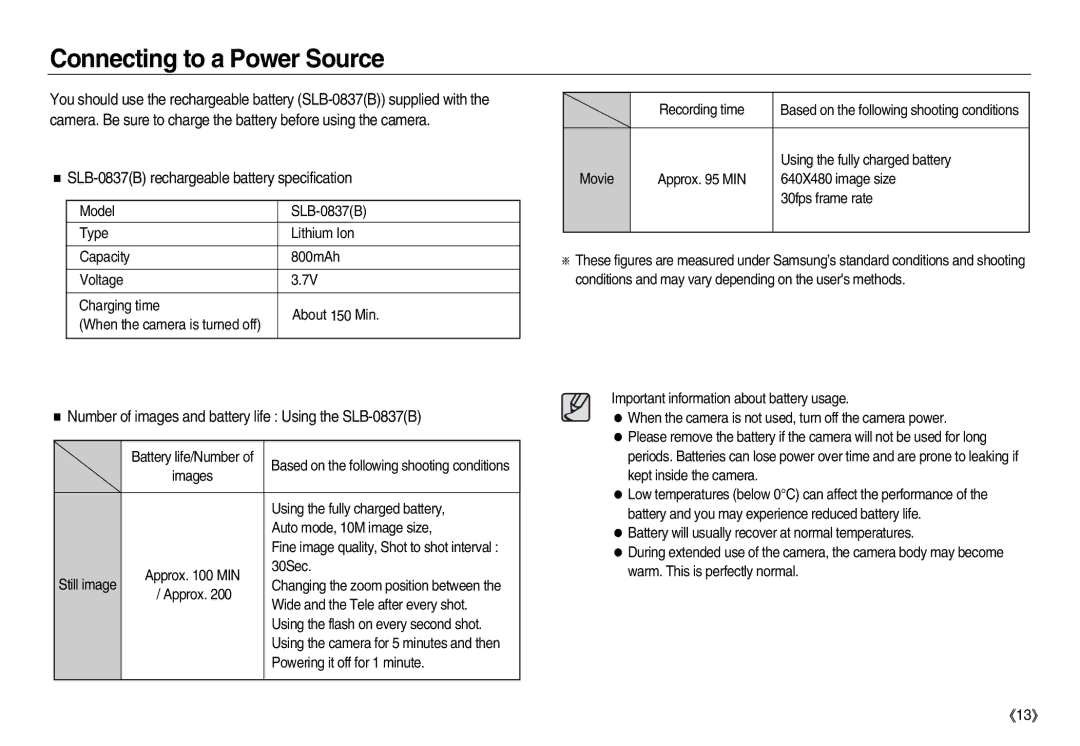 Samsung EC-NV15ZSBB/RU, EC-NV15ZSBA/E1 manual Connecting to a Power Source, SLB-0837B rechargeable battery specification 