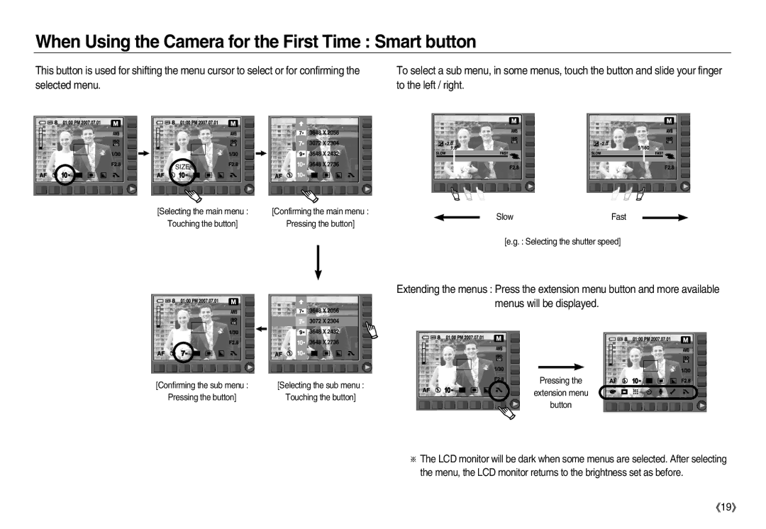 Samsung EC-NV15ZBDB/E1 manual When Using the Camera for the First Time Smart button, Selected menu To the left / right 