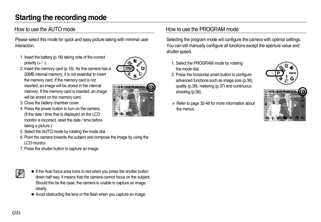 Samsung EC-NV15ZBDD/HK, EC-NV15ZSBA/E1 Starting the recording mode, How to use the Auto mode, How to use the Program mode 