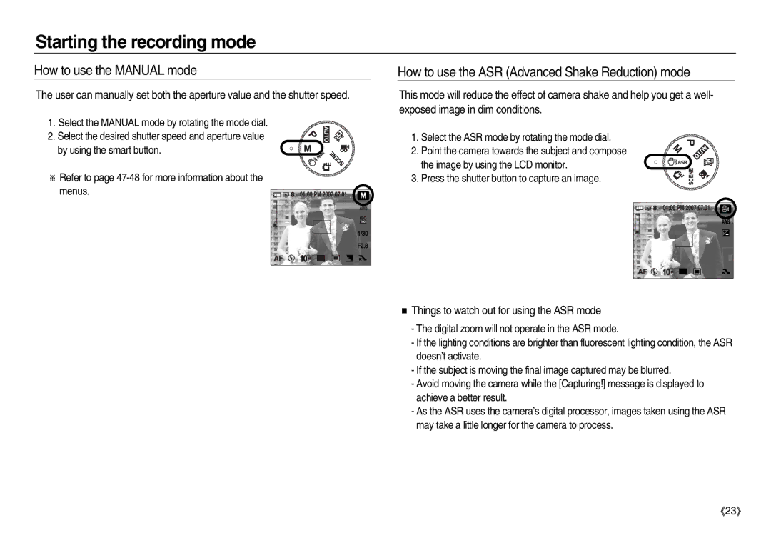 Samsung EC-NV15ZSBB/US, EC-NV15ZSBA/E1 manual How to use the Manual mode, How to use the ASR Advanced Shake Reduction mode 