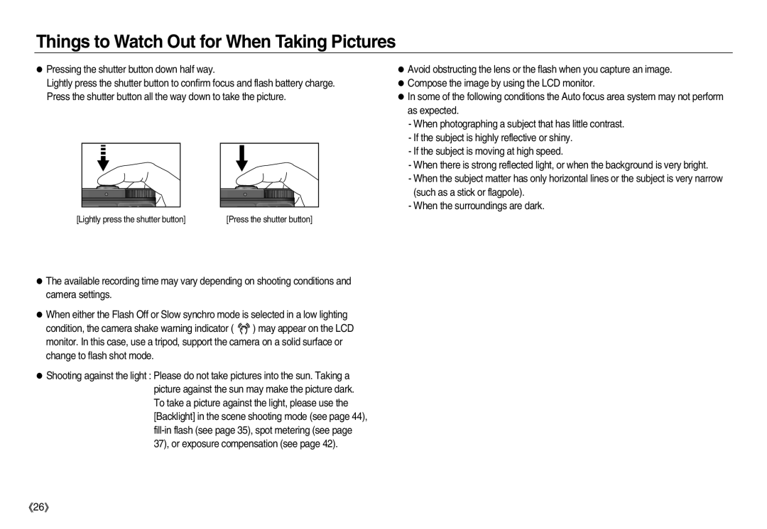 Samsung EC-NV15ZBBA/MX, EC-NV15ZSBA/E1, EC-NV15ZBBA/E2, EC-NV15ZSBA/E2 manual Things to Watch Out for When Taking Pictures 