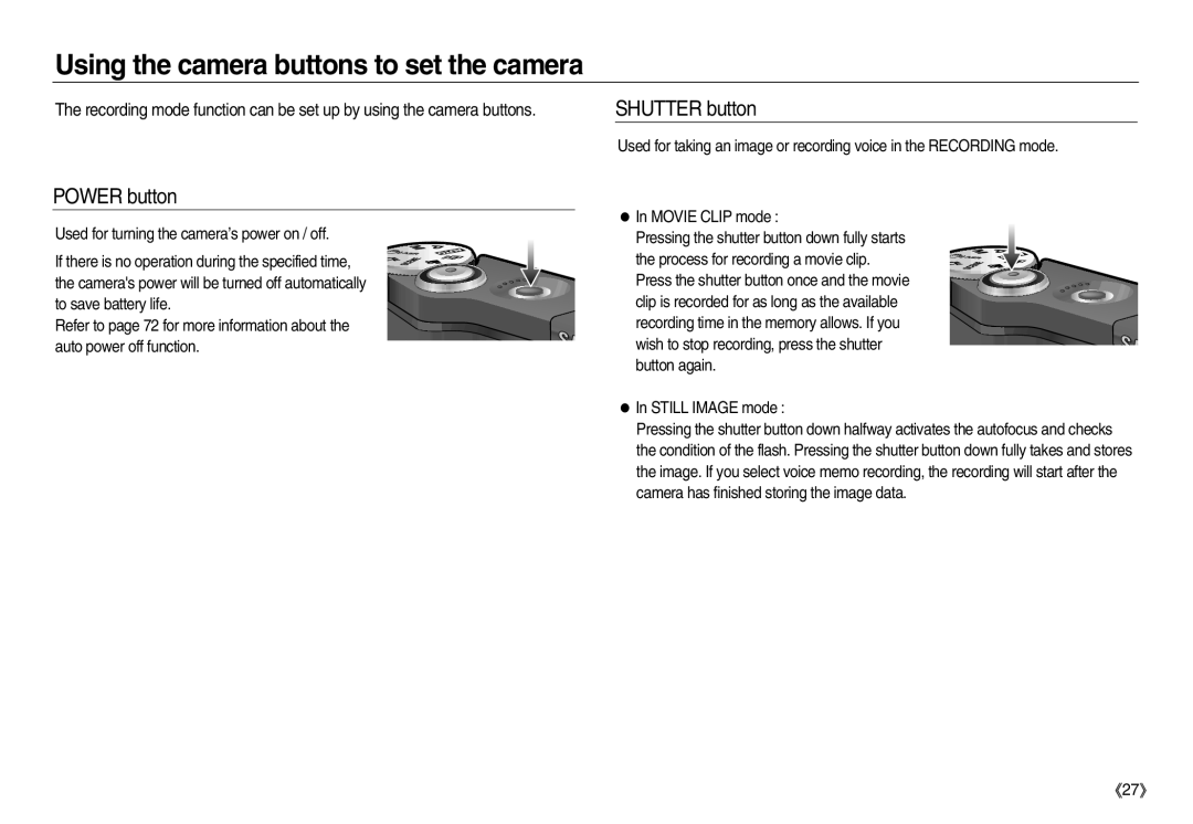 Samsung EC-NV15ZBDA/AS, EC-NV15ZSBA/E1 manual Using the camera buttons to set the camera, Power button, Shutter button 