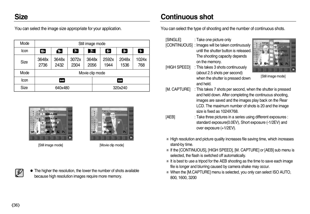 Samsung EC-NV15ZBBA/TR, EC-NV15ZSBA/E1, EC-NV15ZBBA/E2 Size, Continuous shot, 2736 2432 2304 2056 1944 1536 768, Capture 