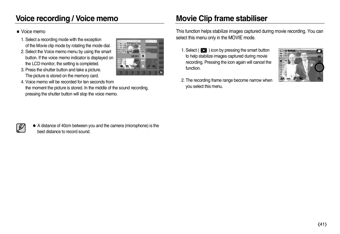 Samsung EC-NV15ZSBA/IN, EC-NV15ZSBA/E1, EC-NV15ZBBA/E2, EC-NV15ZSBA/E2, EC-NV15ZSAA Movie Clip frame stabiliser, Voice memo 