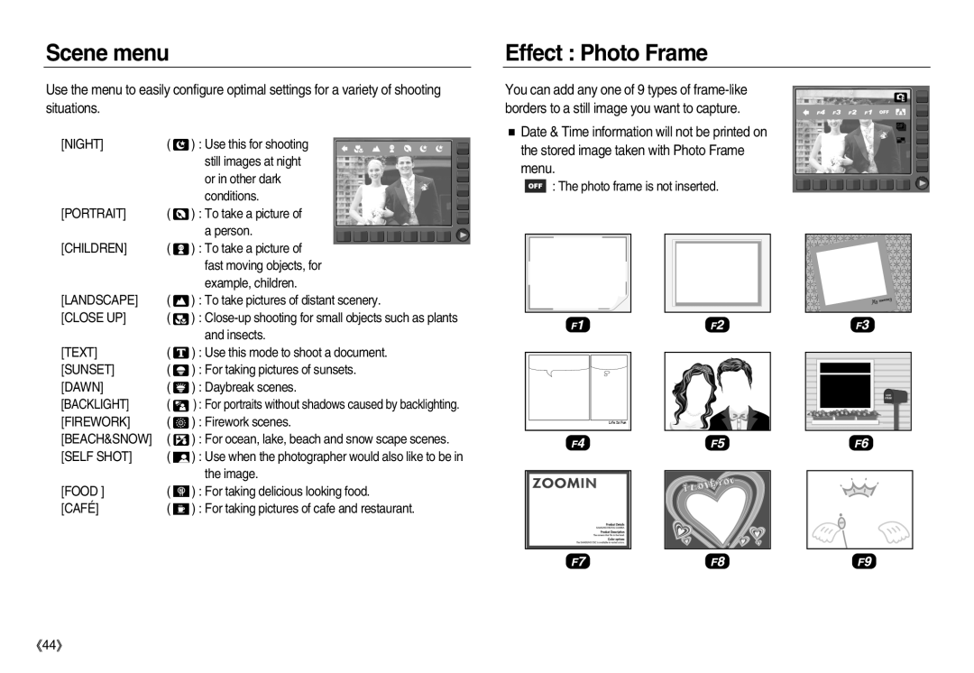 Samsung EC-NV15ZSDC/AS, EC-NV15ZSBA/E1, EC-NV15ZBBA/E2, EC-NV15ZSBA/E2, EC-NV15ZSAA Scene menu, Effect Photo Frame, Firework 