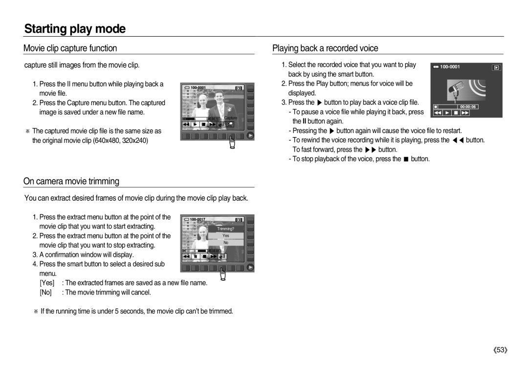 Samsung EC-NV15ZSBA/US, EC-NV15ZSAA Movie clip capture function, On camera movie trimming, Playing back a recorded voice 