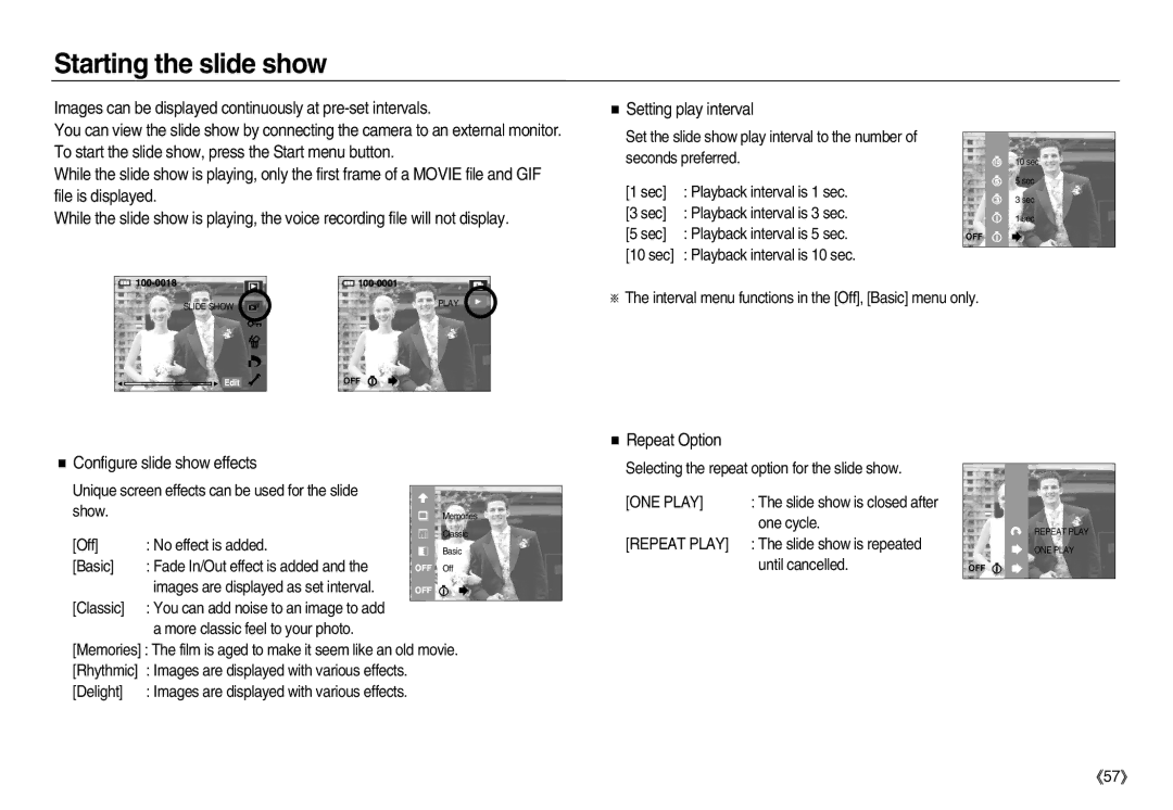 Samsung EC-NV15ZBBA/E1 manual Starting the slide show, Configure slide show effects, Repeat Option, ONE Play, Repeat Play 