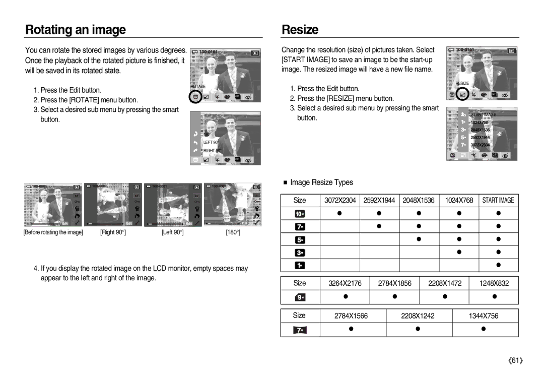 Samsung EC-NV15ZBBA/IT, EC-NV15ZSBA/E1, EC-NV15ZBBA/E2, EC-NV15ZSBA/E2 manual Rotating an image Resize, Image Resize Types 