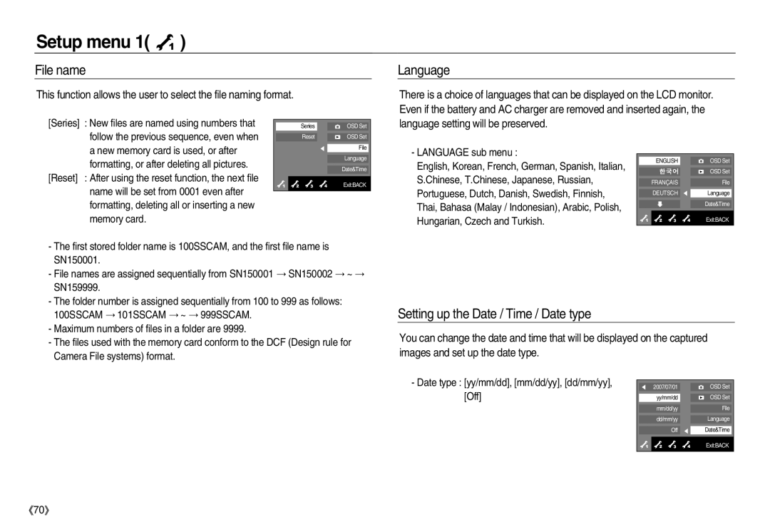 Samsung EC-NV15ZBBA/CA, EC-NV15ZSBA/E1, EC-NV15ZBBA/E2 manual File name, Language, Setting up the Date / Time / Date type 