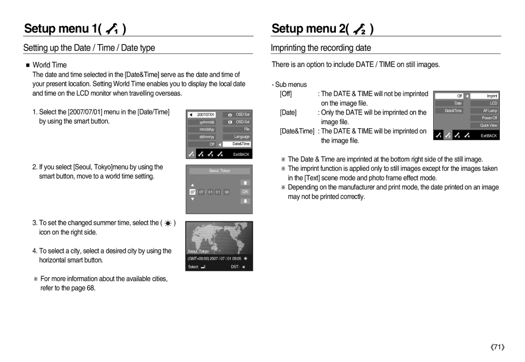 Samsung EC-NV15ZSBA/TR, EC-NV15ZSBA/E1, EC-NV15ZBBA/E2, EC-NV15ZSBA/E2, EC-NV15ZSAA Imprinting the recording date, World Time 