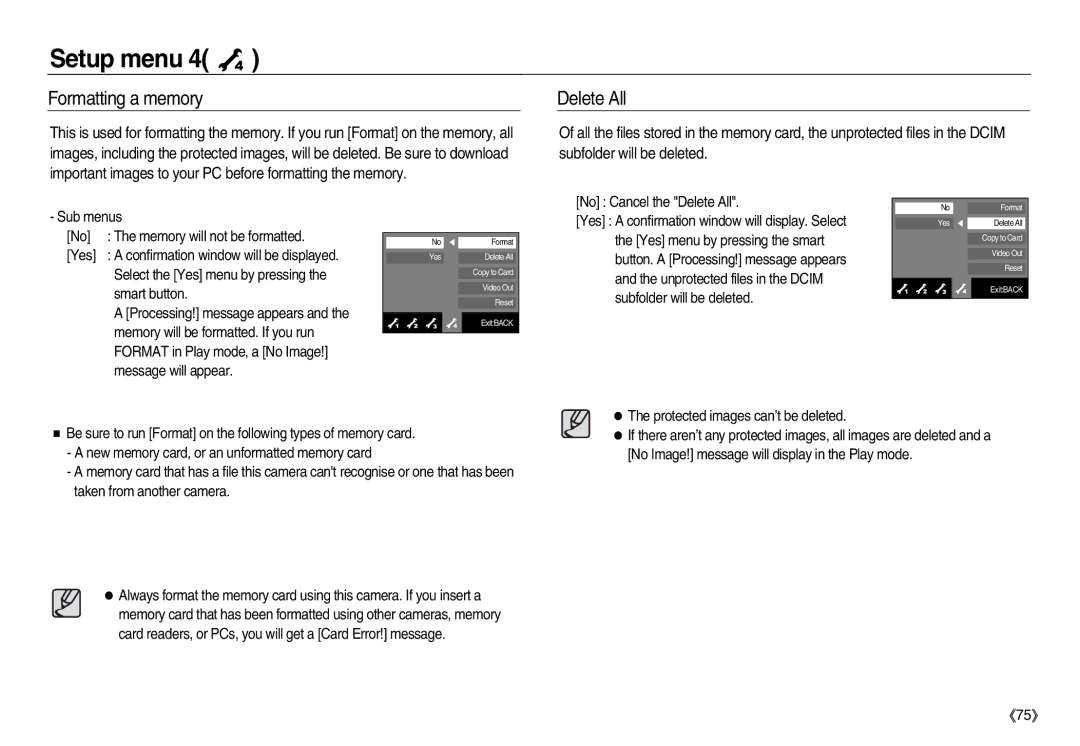 Samsung EC-NV15ZBDA/DE, EC-NV15ZSBA/E1, EC-NV15ZBBA/E2, EC-NV15ZSBA/E2, EC-NV15ZBBA/E1 manual Formatting a memory, Delete All 