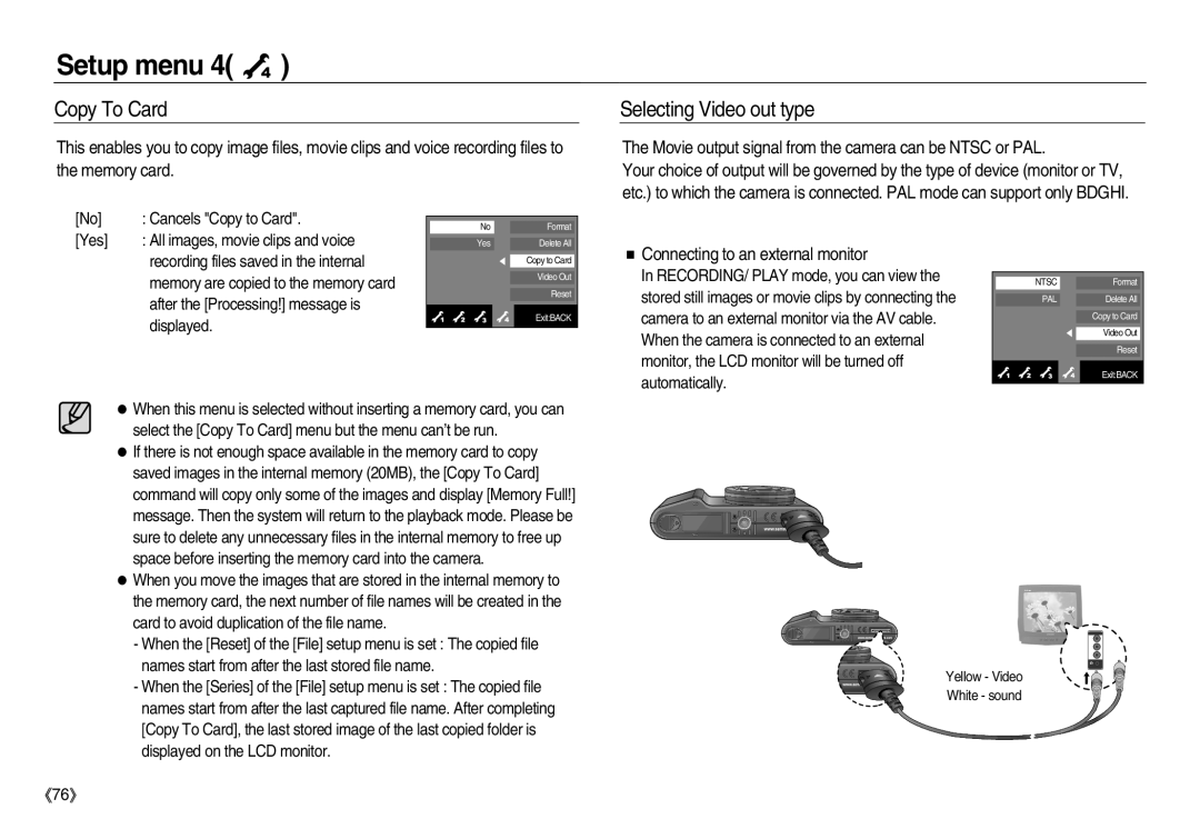 Samsung EC-NV15ZBDD/AS Copy To Card, Selecting Video out type, Movie output signal from the camera can be Ntsc or PAL 