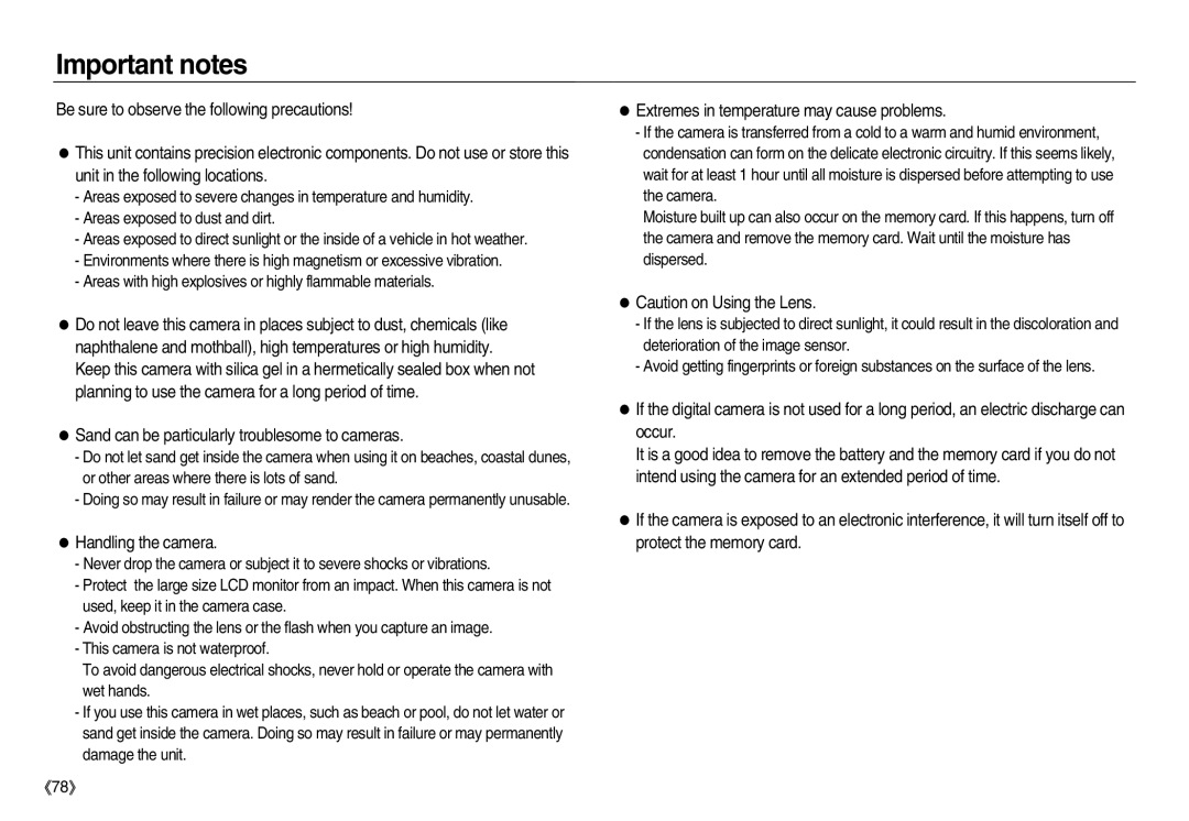 Samsung EC-NV15ZSBB/US, EC-NV15ZSAA Important notes, Sand can be particularly troublesome to cameras, Handling the camera 