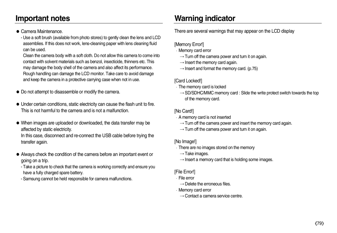 Samsung EC-NV15ZSDA/E1 manual Camera Maintenance, Do not attempt to disassemble or modify the camera, Card Locked, No Card 