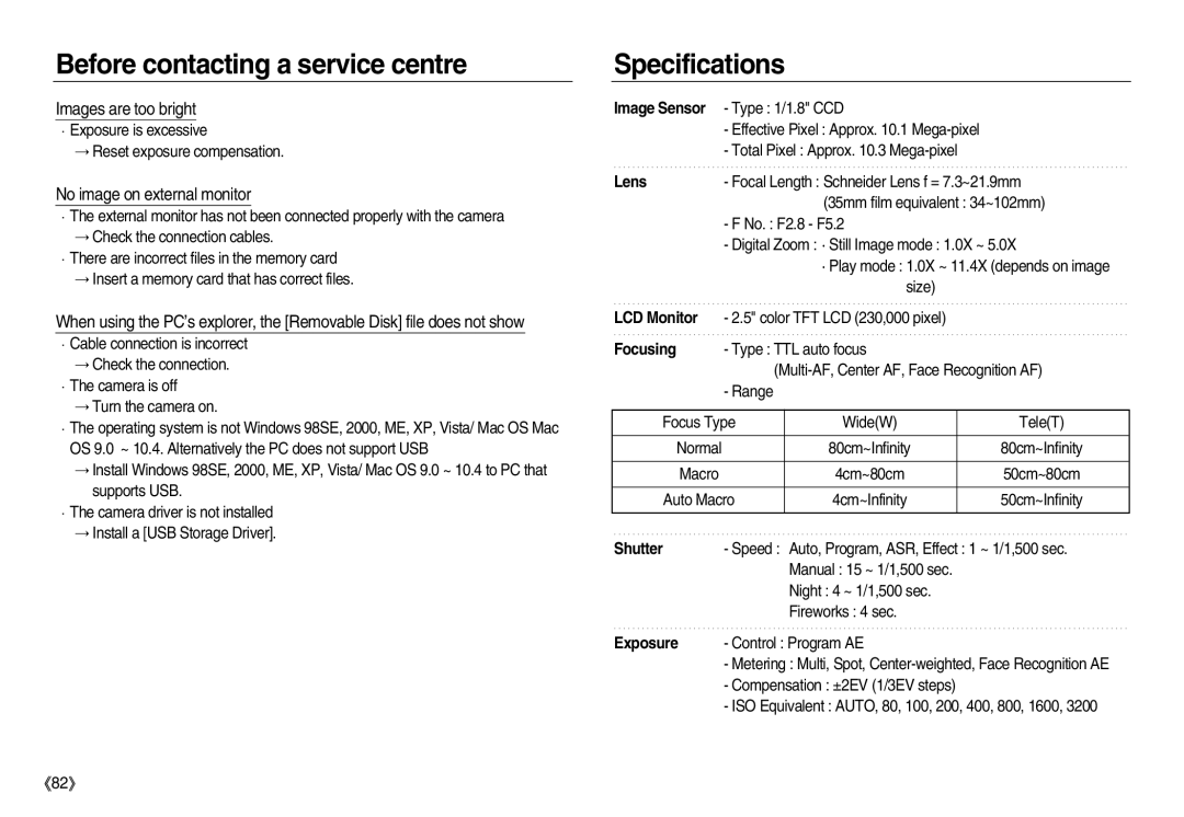 Samsung EC-NV15ZBDA/AS, EC-NV15ZSBA/E1, EC-NV15ZBBA/E2 Specifications, Images are too bright, No image on external monitor 