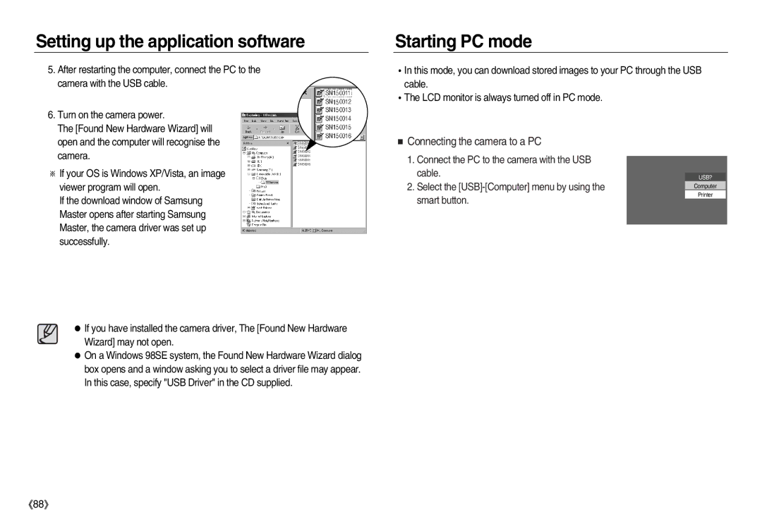 Samsung EC-NV15ZSSA/E1, EC-NV15ZSBA/E1, EC-NV15ZBBA/E2, EC-NV15ZSBA/E2 manual Starting PC mode, Connecting the camera to a PC 