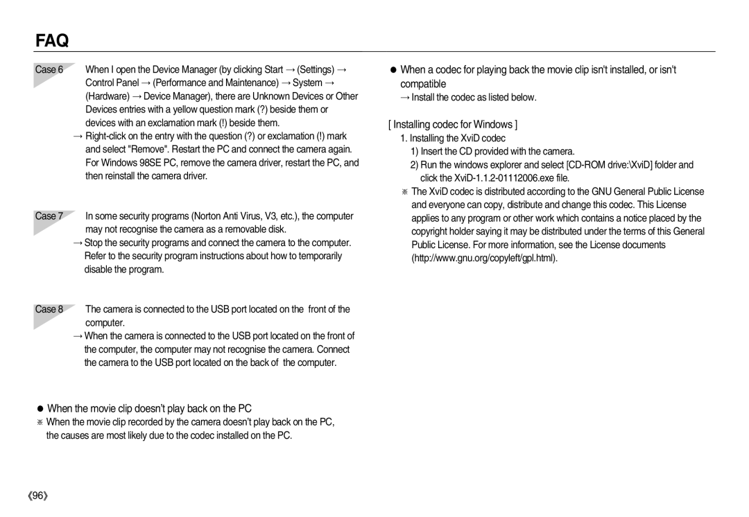 Samsung EC-NV15ZSBA/IN, EC-NV15ZSBA/E1 manual When the movie clip doesn’t play back on the PC, Installing codec for Windows 