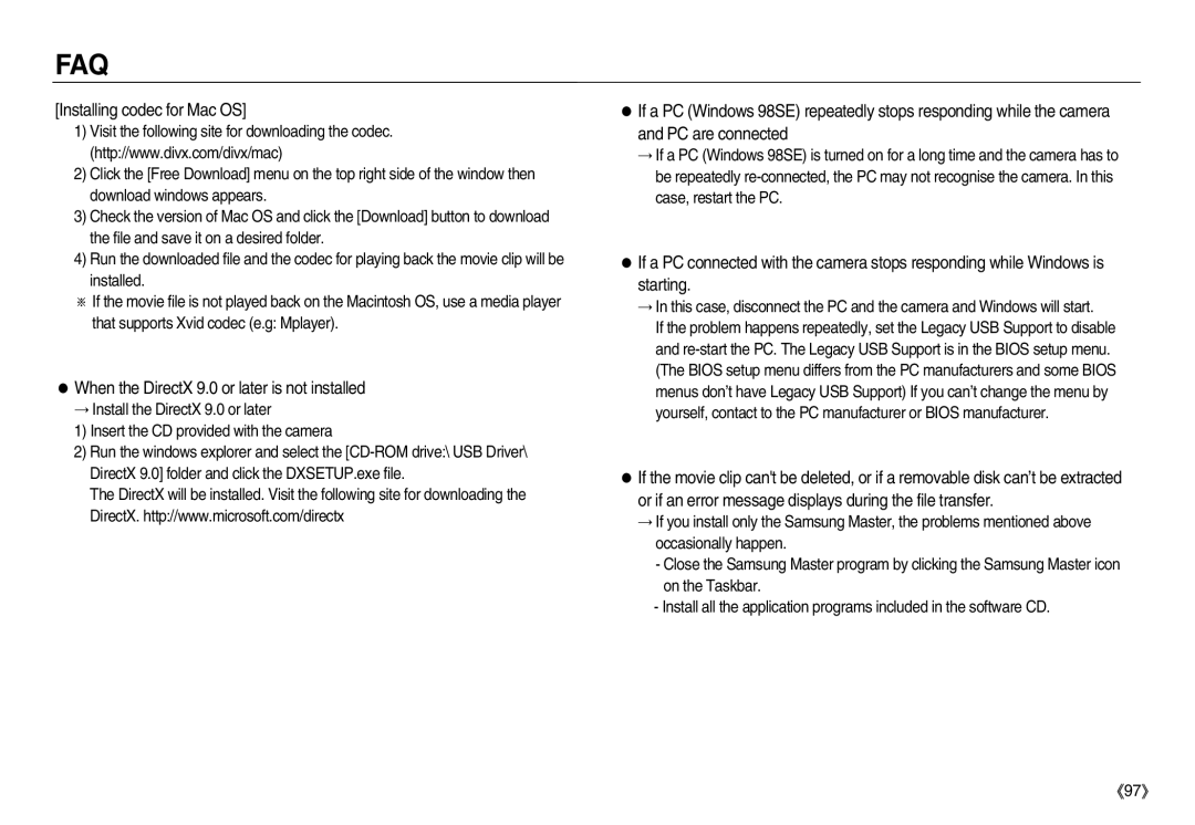 Samsung EC-NV15ZSDB/AS, EC-NV15ZSBA/E1 manual Installing codec for Mac OS, When the DirectX 9.0 or later is not installed 