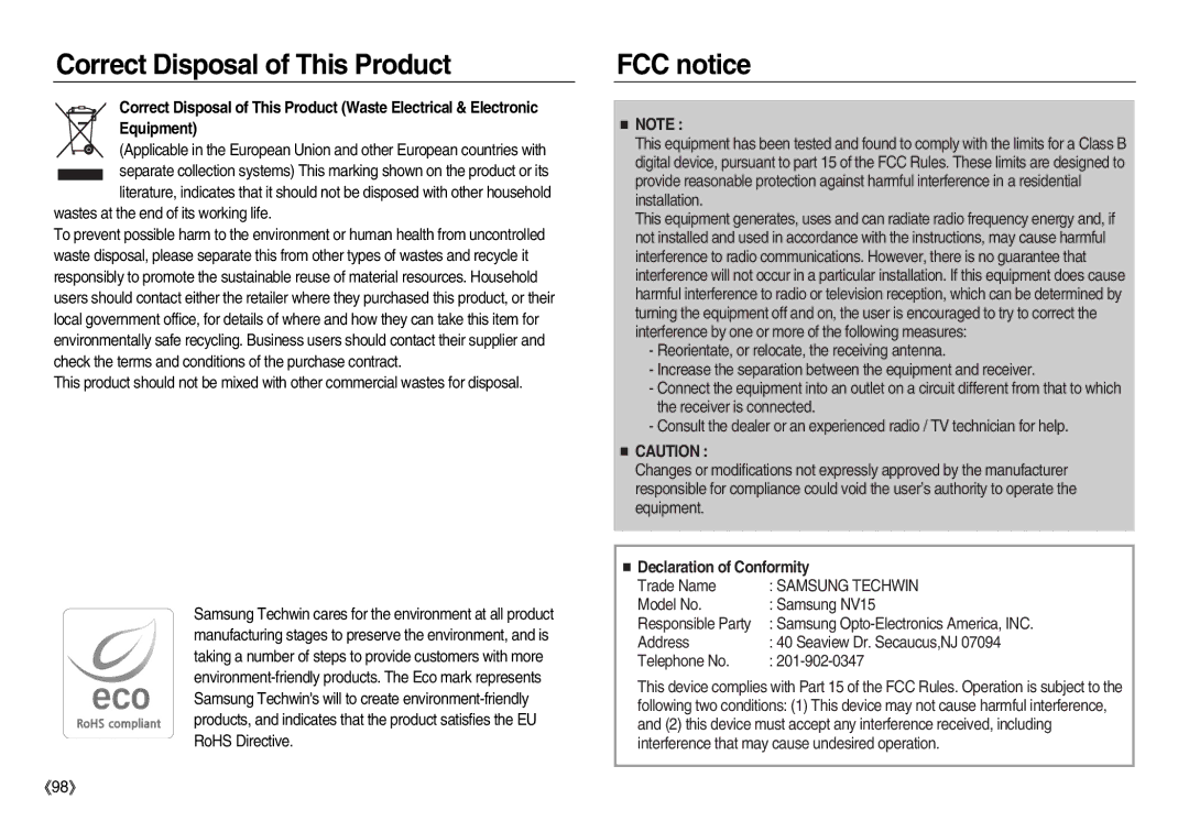 Samsung EC-NV15ZSBA/SP, EC-NV15ZSBA/E1, EC-NV15ZBBA/E2 manual Correct Disposal of This Product, FCC notice, Samsung Techwin 