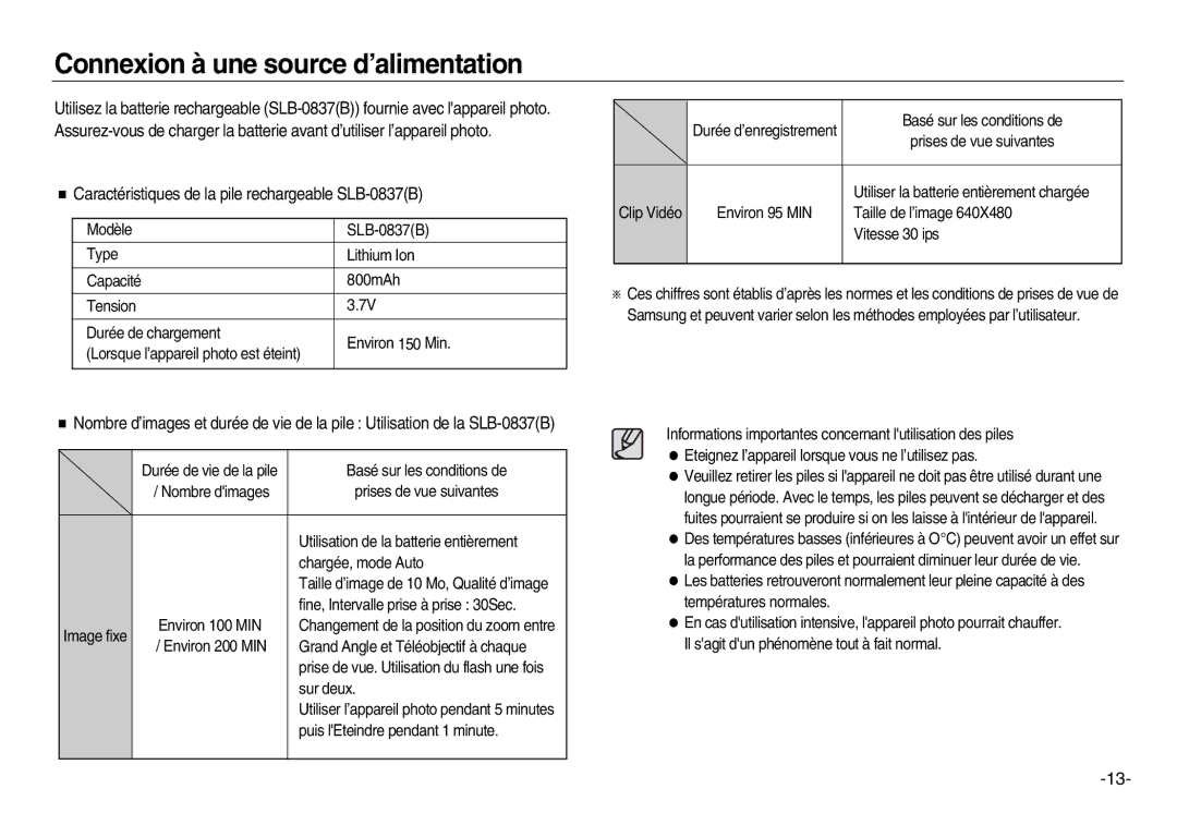 Samsung EC-NV15ZSBA/E2 manual Connexion à une source d’alimentation, Caractéristiques de la pile rechargeable SLB-0837B 