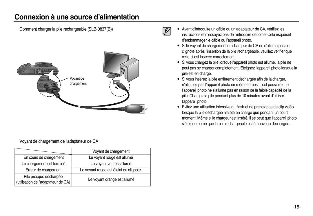 Samsung EC-NV15ZSDA/E3 manual Comment charger la pile rechargeable SLB-0837B, Voyant de chargement de ladaptateur de CA 