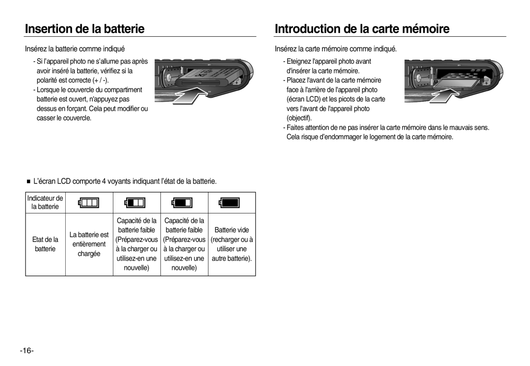 Samsung EC-NV15ZBDA/E3, EC-NV15ZSBA/E1, EC-NV15ZBBA/E2 manual Insertion de la batterie Introduction de la carte mémoire 