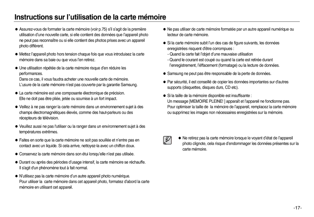 Samsung EC-NV15ZSBA/E1, EC-NV15ZBBA/E2, EC-NV15ZSBA/E2, EC-NV15ZBBA/E1 Instructions sur l’utilisation de la carte mémoire 