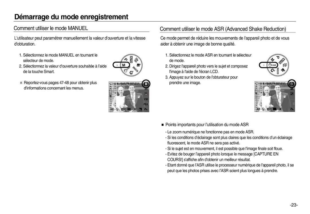 Samsung EC-NV15ZSBA/E1 manual Comment utiliser le mode Manuel, Comment utiliser le mode ASR Advanced Shake Reduction 