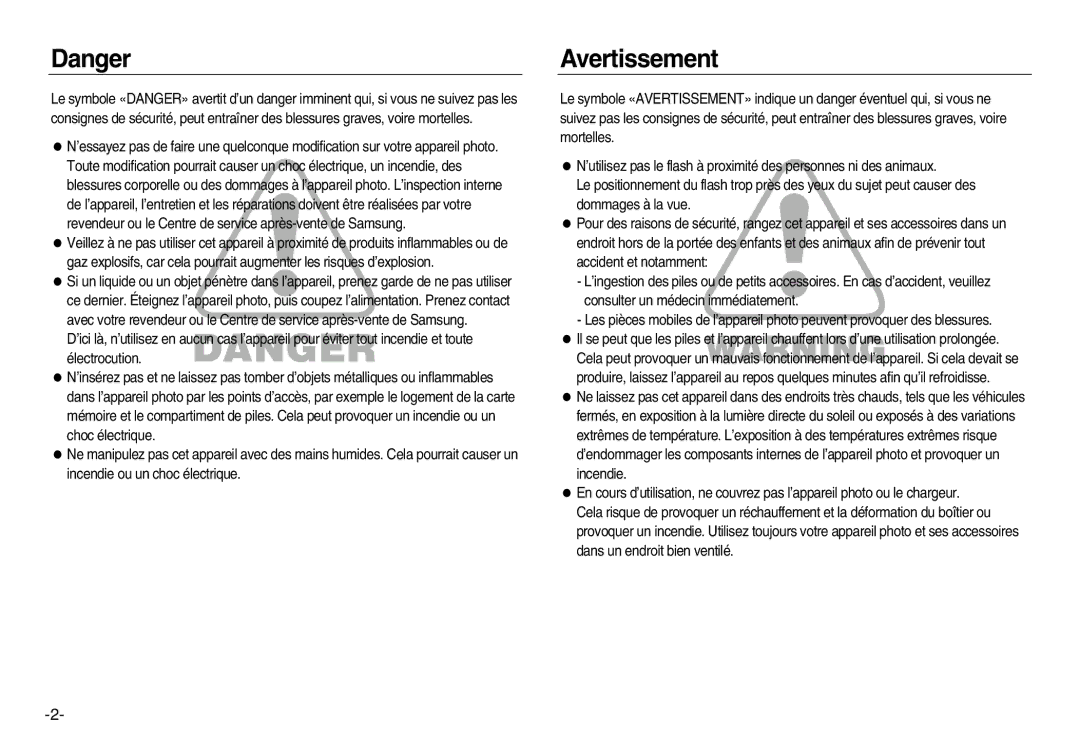 Samsung EC-NV15ZBBA/E1, EC-NV15ZSBA/E1, EC-NV15ZBBA/E2, EC-NV15ZSBA/E2, EC-NV15ZSDA/E3, EC-NV15ZBDA/E3 manual Avertissement 