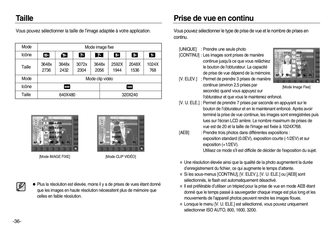 Samsung EC-NV15ZBBA/E2, EC-NV15ZSBA/E1, EC-NV15ZSBA/E2, EC-NV15ZBBA/E1, EC-NV15ZSDA/E3 manual Taille, Prise de vue en continu 