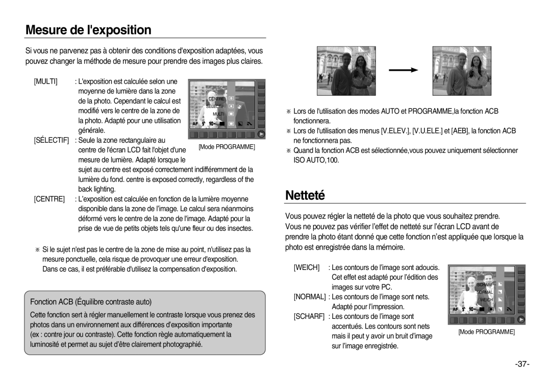 Samsung EC-NV15ZSBA/E2, EC-NV15ZSBA/E1 manual Mesure de lexposition, Netteté, Fonction ACB Équilibre contraste auto, Centre 