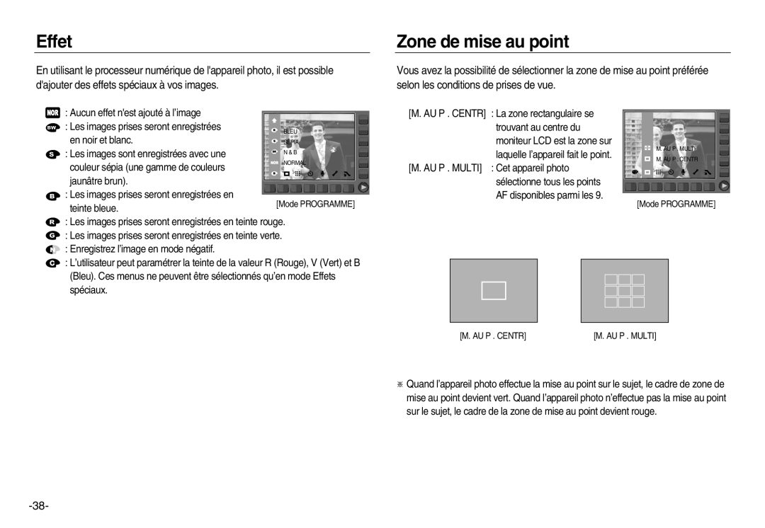 Samsung EC-NV15ZBBA/E1, EC-NV15ZSBA/E1, EC-NV15ZBBA/E2, EC-NV15ZSBA/E2, EC-NV15ZSDA/E3 manual Effet, Zone de mise au point 